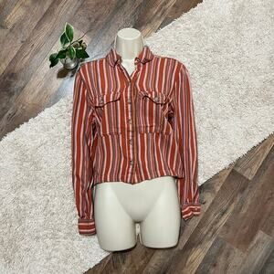 Aeropostale Small Striped Woven Collared Button Down Cropped Long Sleeve Top